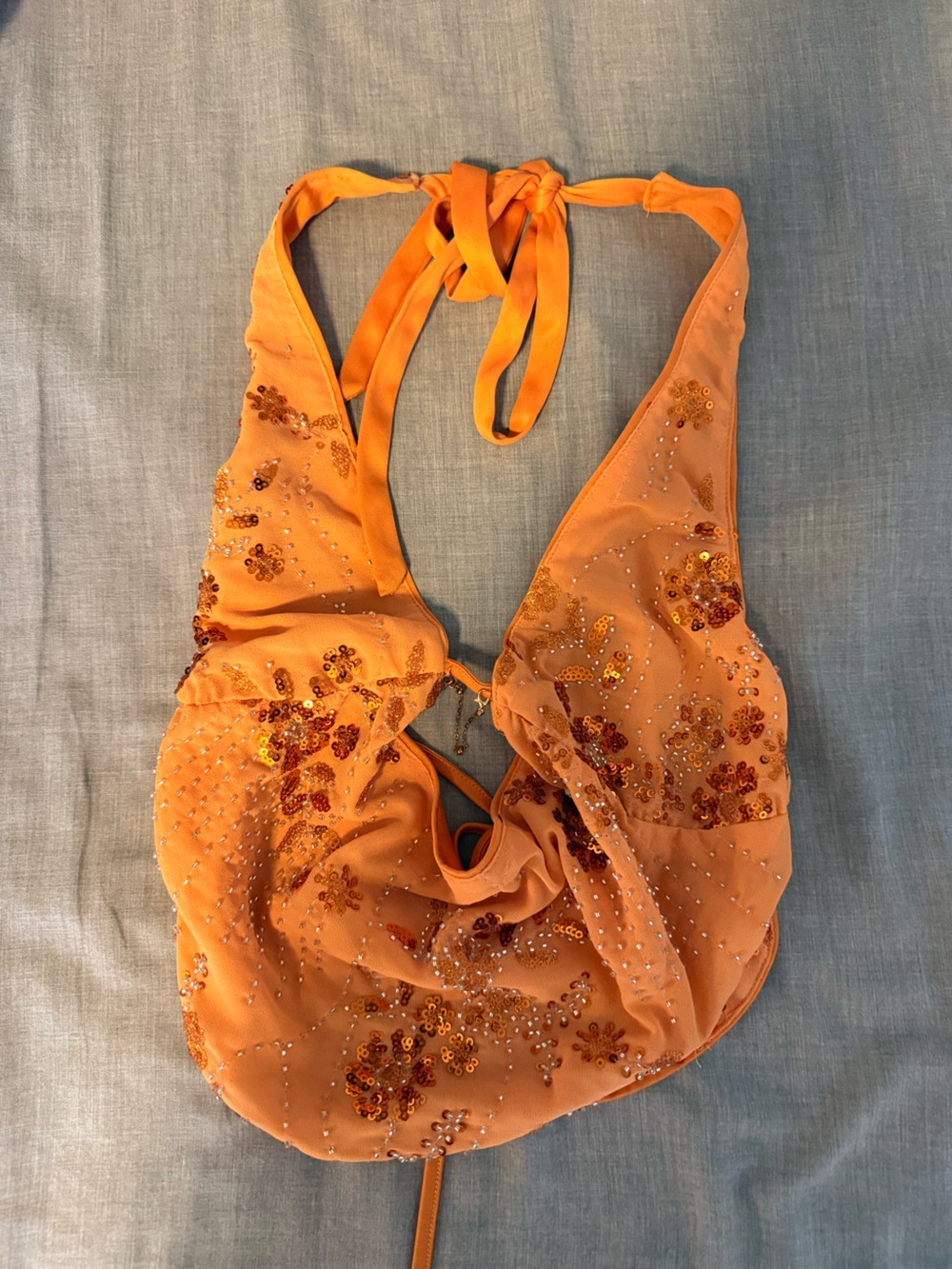 ROMWE Orange Sequin Halter Crop Top